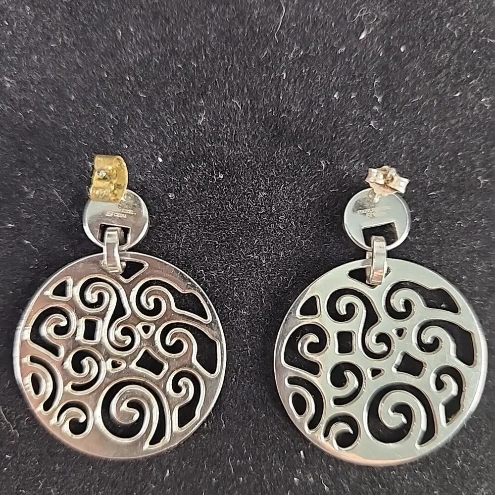 Earrings Stainless Steel Fancy Swirl Dangle Stud Post 1 3/4 Inch Vintage China